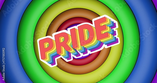 Image of pride text over rainbow circles and colours moving on seamless loop