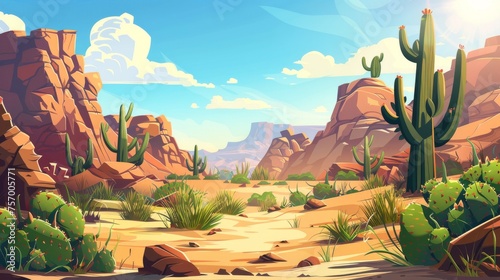 A cartoon modern illustration of a drought sandy scene with wild cacti and grass in Arizona desert scenery with brown rock, sand dune hills, green cactus, and a dry tree on a bright, sunny day.