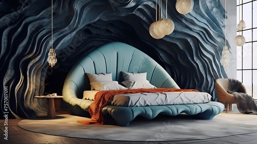 a bedroom with fluid, undulating furniture that evokes the soothing rhythm of ocean waves, incorporating lava-inspired textures and colors to add warmth and intensity