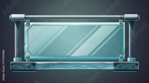 Railing with transparent acrylic barrier. Realistic modern set of horizontal handrail with plexiglass panel and metal tubular beam fasteners.