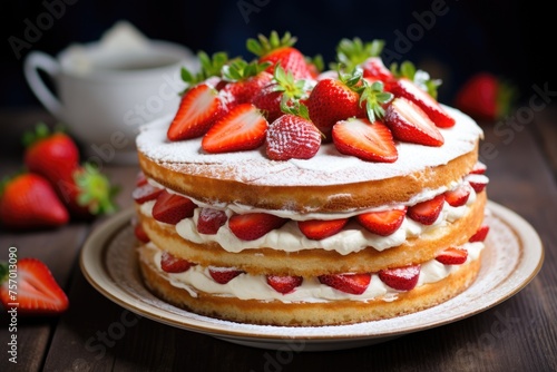 French Fraisier Cake with Genoise Sponge Cream and Strawberries Festive and delicious summer fruit cake with fresh berries for a holiday table