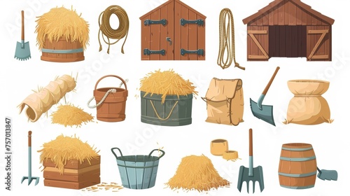 This cartoon modern illustration set of ranch interior objects includes: hay stack, wooden box, rope and sack, shovel and pitchfork, barn and bucket. It is a set of cartoon modern illustrations