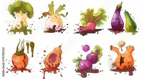 A cartoon modern illustration of rotten food contaminated with mold and rot. Dangerous product. Rotted moldy food. Cartoon modern illustration set of dirty spoiled vegetables. Damaged moldy meal