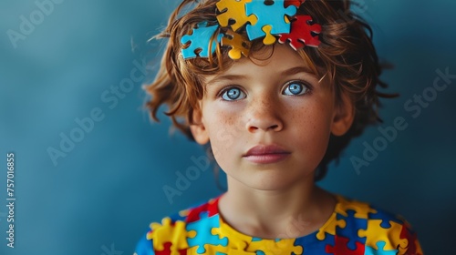 Mental health child concept. ADHD, attention deficit hyperactivity disorder, autism. Head of a child with puzzle pieces.