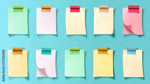 Isolated set of paper notes isolated on a white background. Modern realistic illustration of a blank notepad page piece stuck to a board or wall with color sticky tape, a reminder message, a to-do