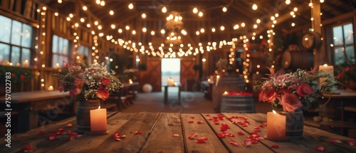 Romantic Rustic Elegance, beautifully arranged rustic wedding venue, with warm fairy lights strung overhead, wooden tables adorned with candles and petal strewn pathways, creating romantic atmosphere