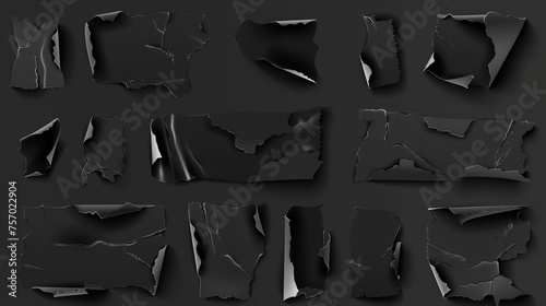 Realistic modern black adhesive duct tape pieces with a crumpled effect. High quality torn ripped patch for patching and masking. Mockup of glued cut wrinkled plaster or scotch tape.