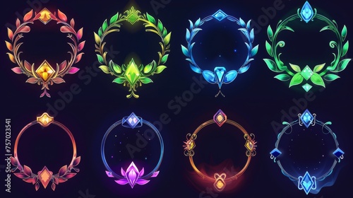 Game level rank avatar frame or menu banner. Cartoon modern set of fantasy decorative metal circle border with different amounts of curling edges and diamonds.