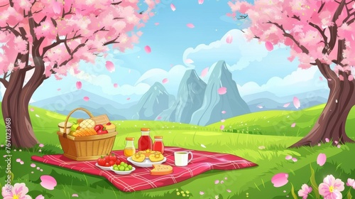 Under pink cherry or sakura flowering trees near the foot of the Rocky Mountains, picnic setup includes snacks and fruits on a red blanket with a wicker basket. This cartoon spring scene shows
