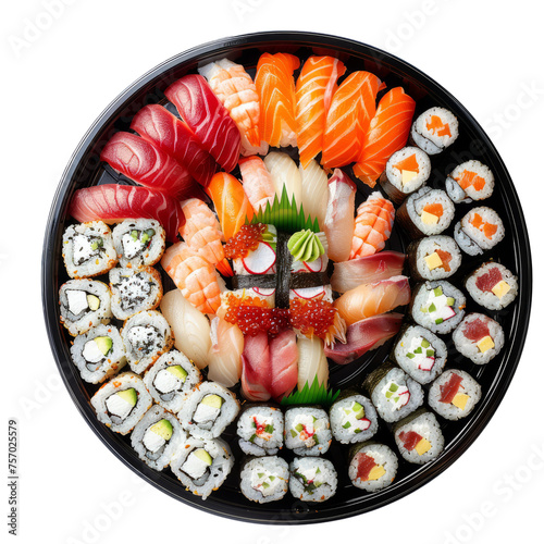 Japanese sushi platter with assorted nigiri and maki rolls, featuring fresh slices of raw fish, on a clean white background