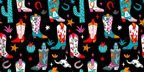 Seamless pattern with various trendy cowboy boots in desert. Groovy American western footwear in flat graphic style. Vector funky hand drawn illustration.