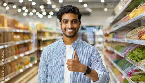 Smiling Merchant, shop keeper at groceries store thumbsup looking at camera 