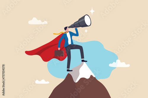 Business vision to see journey to success, discovery new opportunity, looking for jobs, future success or career goal, leadership mission concept, businessman lookout telescope on top mountain peak.