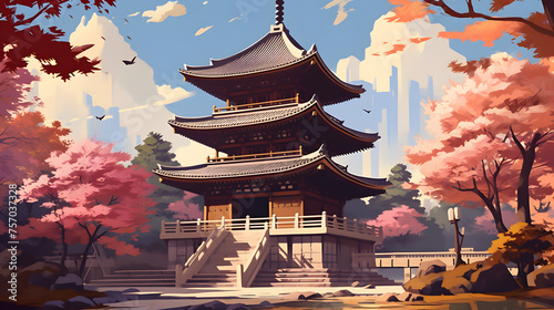 temple of monks with cherry trees illustration