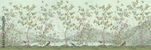 blossom tree With sparrow, finches, butterflies, dragonflies. Seamless pattern, background. Vector illustration. Chinoiserie, traditional oriental botanical motif.