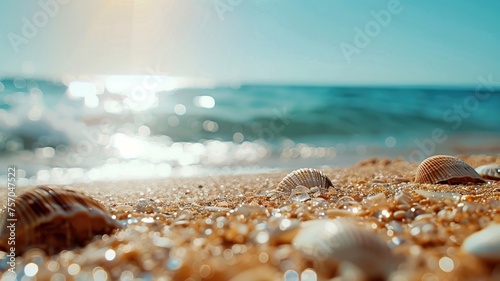 A sandy seashore with seashells and a view of sea waves