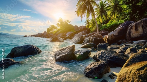 Tropical seascape with clear water in the sea, palm trees on the shore on a sunny day, perfect place for relaxation