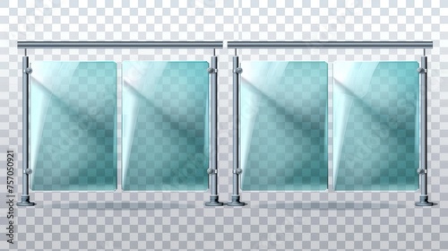 This modern illustration shows glass handrails on transparent background, a 3D plastic barrier and an interior plexiglass fence.