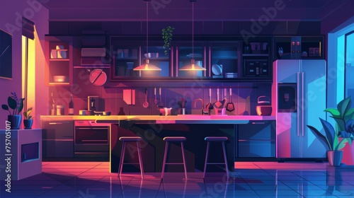 Modern home kitchen interior at night with clean modern furniture and appliances, light from hanging lamps. Cartoon modern dark evening cozy cooking room with large window.