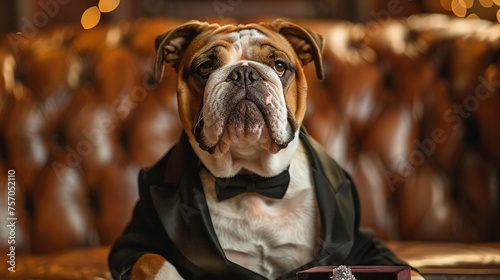 An English Bulldog in a tuxedo patiently waiting with a velvet ring box