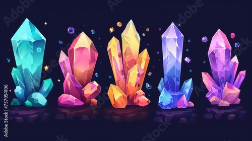 Cartoon game assets with glowing diamond raw material rocks. Modern illustration set of mining glass treasure and jewel stones.
