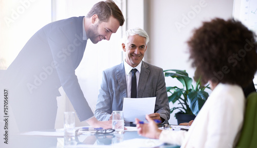 Business meeting, contract and smile of HR with employee, professional and office of corporate company. Happiness, woman and man sign paperwork of sales agreement on desk or table for job and career