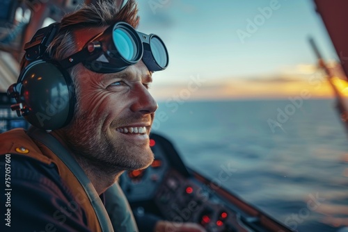 Smiling deck officer using control binoculars on ship during sunset