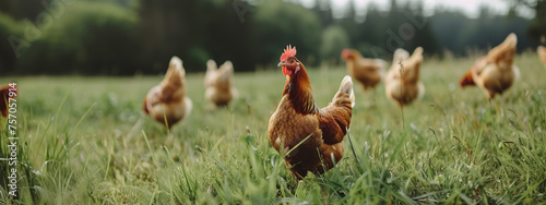 Free-range chicken on an organic farm freely grazing