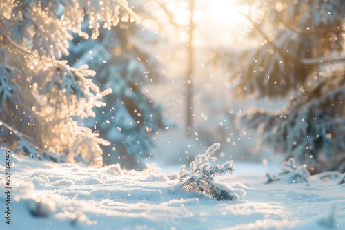 Beautiful background image of a snowy morning winter forest with small snowdrifts close-up and light snowfall.