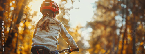 A girl on a bicycle with her mother in a helmet