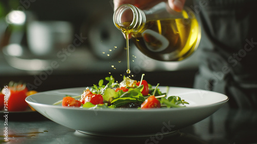 Closeup of pouring olive oil from bottle into plate with salad