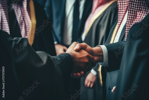 Arab sheikhs in traditional attire negotiating with business partners in professional suits