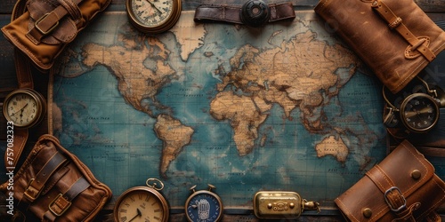 Vintage travel accessories and map on wooden background. Top view.