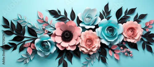 A creative arts project featuring a bouquet of paper flowers with leaves, inspired by the Rose family, set on an electric blue background