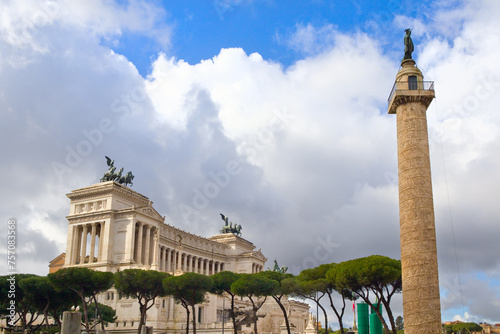 Column of Trajan and National Monument the Vittoriano (Altare della Patria, Altar of the Fatherland) at Venezia square in Rome, Italy 