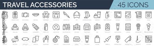 Set of 45 outline icons related to travel accessories. Linear icon collection. Editable stroke. Vector illustration