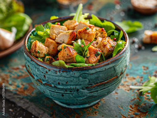 Caesar salad food in modern ceramic plate on slate table background
