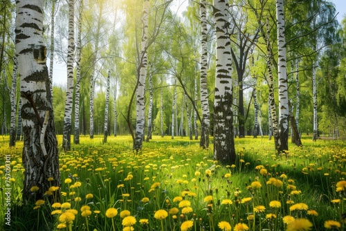 Birch grove in spring on sunny day with beautiful carpet of juicy green young grass and dandelions in rays of sunlight. Spring natural landscape