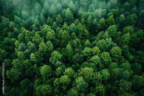 Green trees in a woodland, seen from above. CO2 is captured by a drone shot of a densely green tree. Carbon neutrality and the idea of net zero emissions are backed by a green tree environment. a gree