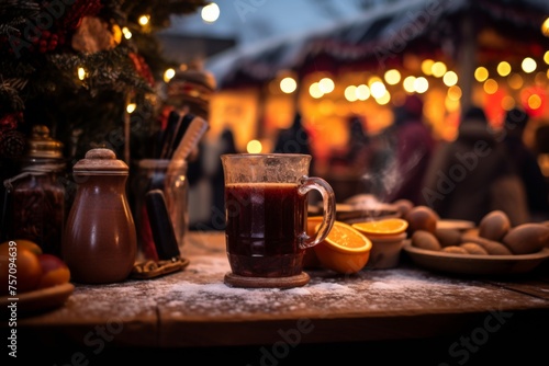 red christmas drink mulled or hot wine at xmas market in the evening with cozy yellow lights