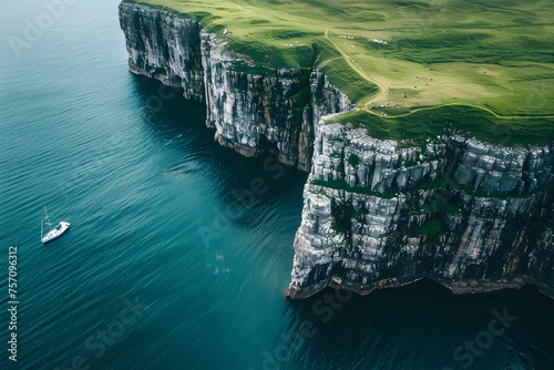 Aerial view of an island's edge featuring lush green grass, towering cliffs, and a solitary boat navigating the serene blue waters.