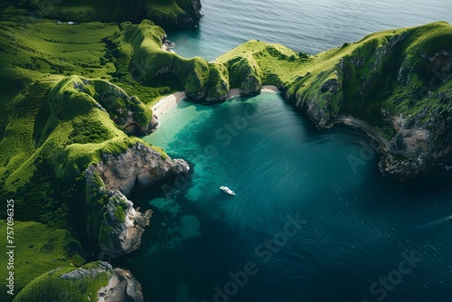 Aerial view showcasing a serene island with verdant hills, rugged cliffs, a pristine beach, and a boat floating near the turquoise embrace of the ocean.