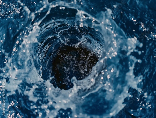 Close-up view of a dark swirling water vortex with surrounding bubbles and ripples.