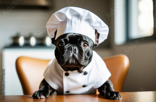 French bulldog in white chef cap and chef uniform at wooden kitchen table. Concept for pet store, dog food, balanced nutrition, pet care, premium food
