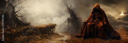 A fantasy medieval sorcerer in a brown robe is sitting on the road, behind him there is an old dead forest and foggy sky, Halloween concept art