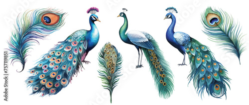 watercolor peacocks birds and feathers set hand drown illustration