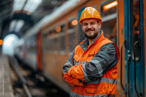 Confident railway worker standing by a train at the station