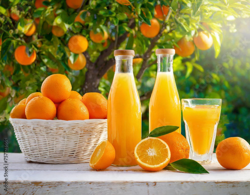 Owoce pomarańczy i sok pomarańczowy na stole. W tle drzewa pomarańczy