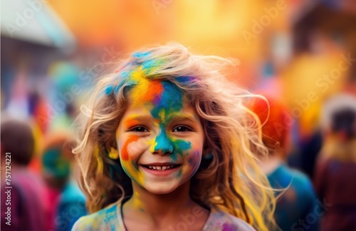 Person with painted face in colorful portrait, holi banner
