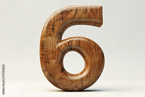 Cute wooden number 6 or six as wooden shape, white background, 3D illusion, storybook style